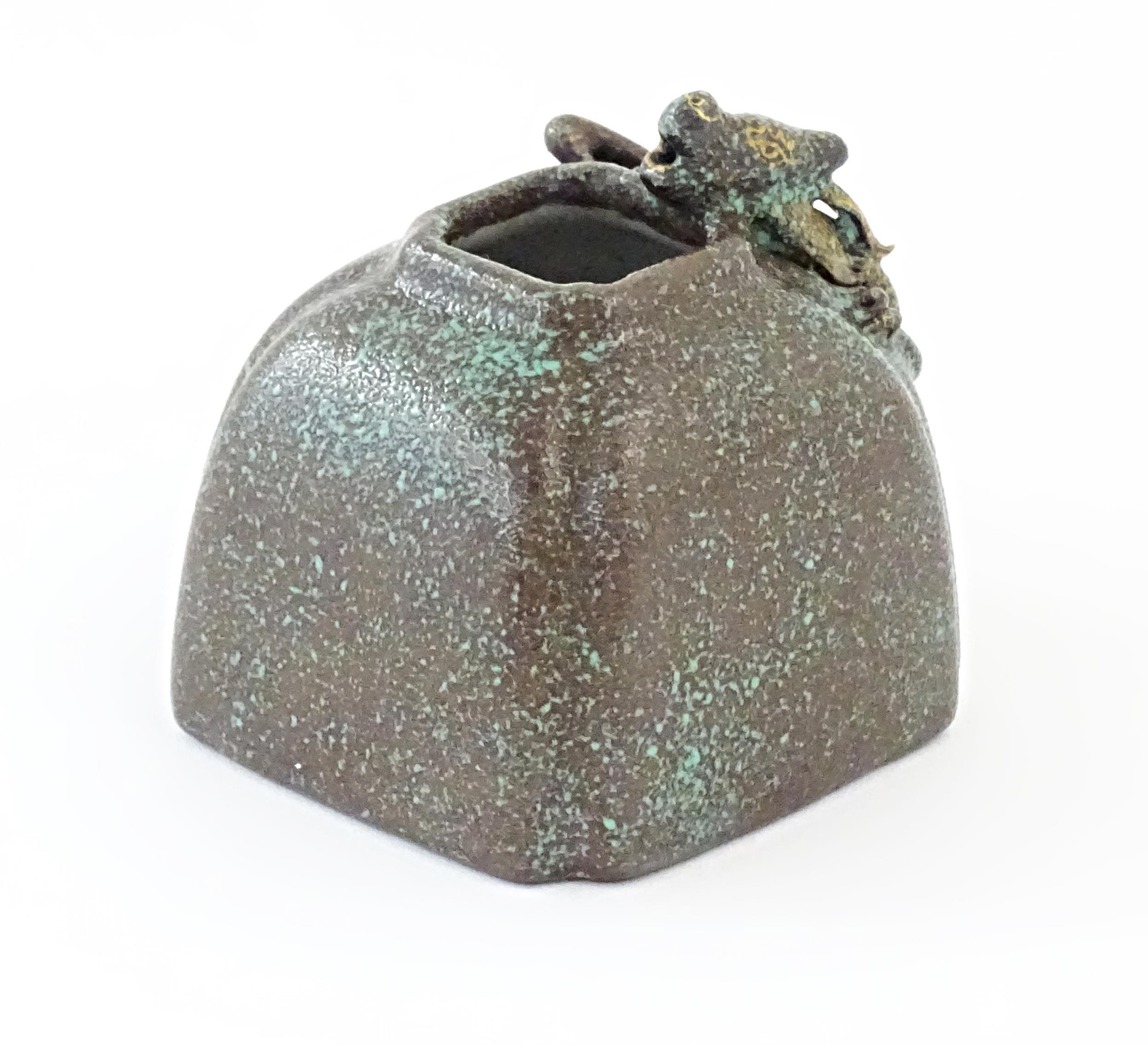 A small Chinese brush washer pot with mottled green glaze and relief dragon decoration. Character - Image 3 of 9