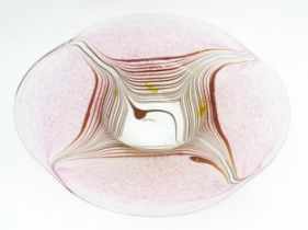 A George Elliott of Bewdley (1933-1988) art glass dish with linear detail on a mottled pink