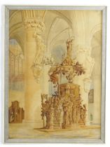 19th century, Continental School, Watercolour, A Cathedral interior with carved Baroque pulpit.