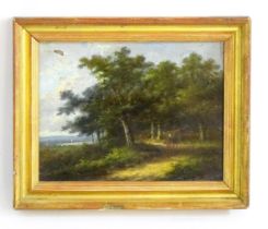 19th century, Oil on canvas, Figures walking on a wooded path. Approx. 5 3/4" x 7 3/4" Please Note -