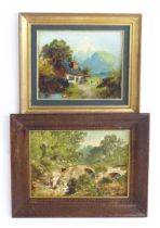 20th century, Oil on board, A stone arch bridge with children playing. Together with a 20th