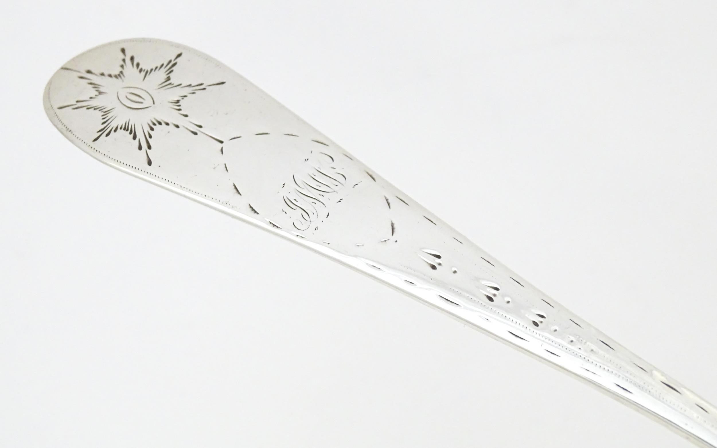 An early 19thC provincial Irish silver table spoon with bright cut decoration, maker Carden - Image 7 of 9