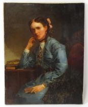 Victorian School, Oil on canvas, A portrait of a seated lady with books. Indistinctly signed lower