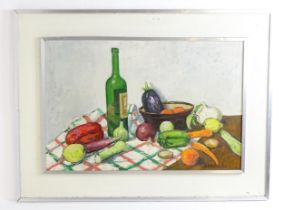 Peter Collins (1923-2001), Oil on board, A still life study with vegetables and a green glass