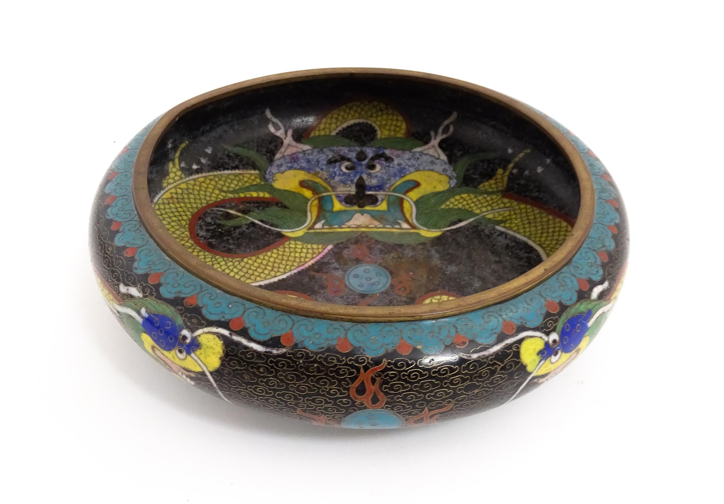A Chinese cloisonne dish the black ground with dragon and flaming pearl decoration. Character - Image 2 of 11