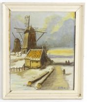 Parnell, Continental School, 20th century, Oil on board, A winter landscape with windmills and