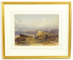 19th century, Watercolour, A coastal scene with a view of Whitby with figures. Signed with