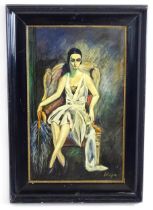 Jan Wiegers, 20th century, Oil on board, A portrait of a seated woman with a feather fan. Signed