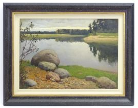 20th century, Russian School, Oil on board, A river landscape with boulders. Indistinctly signed