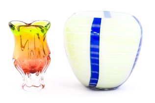 A Polish art glass vase with yellow / green and blue detail, by Josefina. Together with an art glass