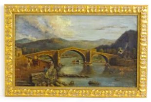 Lucas P. Stubbs, 19th century, Oil on canvas, A stone arch bridge over a river with cattle watering.