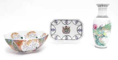 Three Oriental items comprising an octagonal bowl with crane and blossom detail, a dish with central