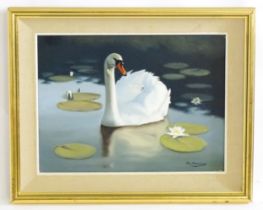 Eric Bottomley (b. 1948), Acrylic on canvas, A swan swimming amongst lily pads. Signed lower
