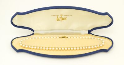 A pearl necklace with 9ct gold clasp. Approx 16" long Please Note - we do not make reference to