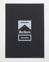 Alex Bucklee, 21st century, Limited edition screen print, God Kills - Marlboro. Signed and