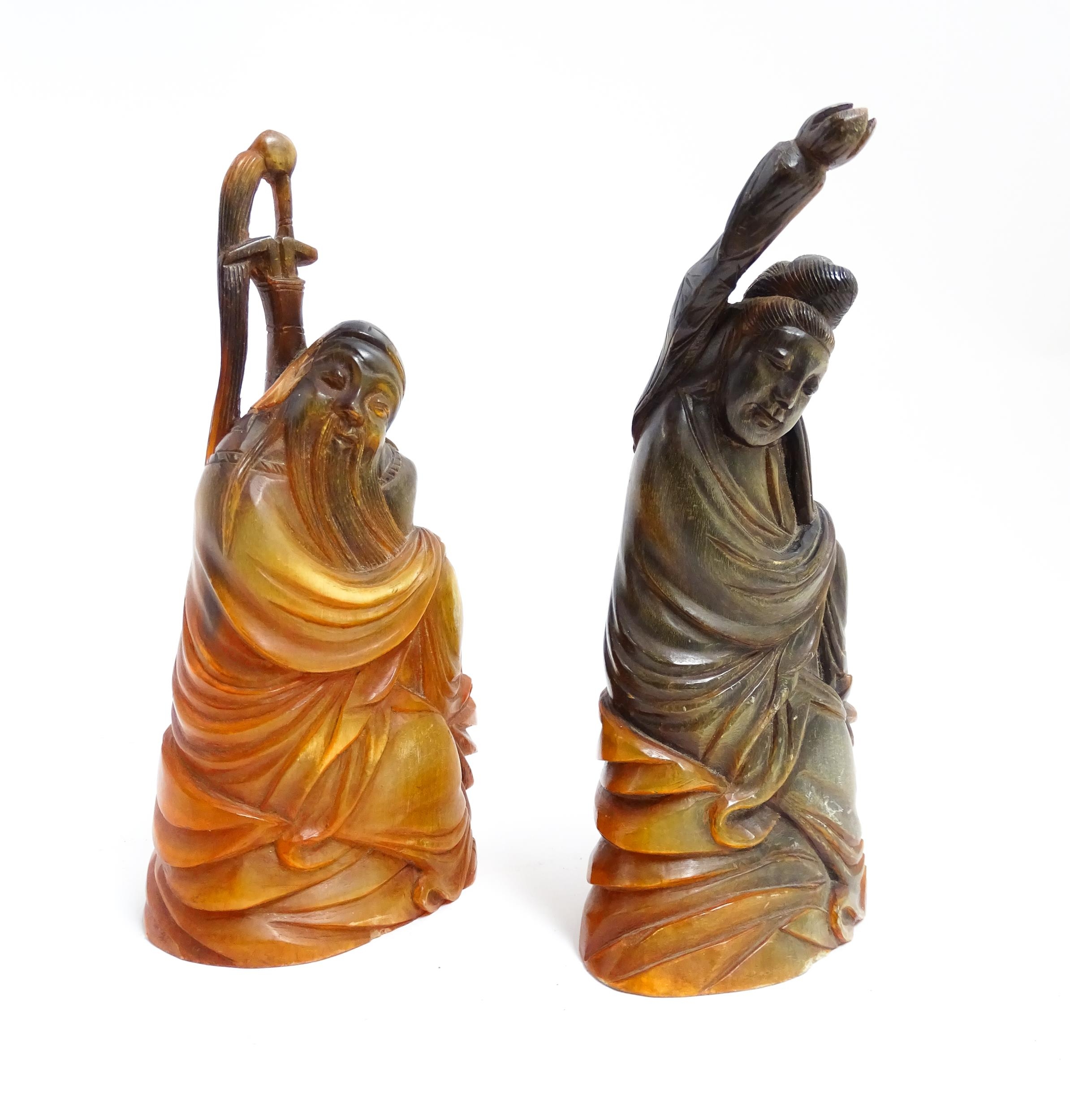 Two Chinese horn carvings depicting a sage figure and a deity figure. Largest approx. 6 1/4" high ( - Image 3 of 12