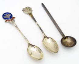 Three various silver teaspoons comprising a souvenir teaspoon Oban hallmarked Sheffield 1927,