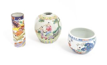 Three Chinese ceramic items to include a vase of cylindrical form with phoenix bird decoration, an