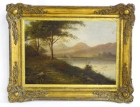 Early 20th century, Oil on canvas, A lakeside view with mountains beyond. Indistinctly signed C.