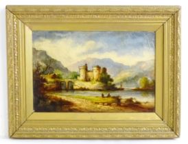 R. Bower, 19th century, A Scottish castle in a Highland landscape, with figures on the loch shore.