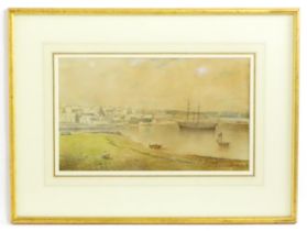 R. P. Herdman, 19th century, Watercolour, A view of an estuary with town, pier, schooner / boats and