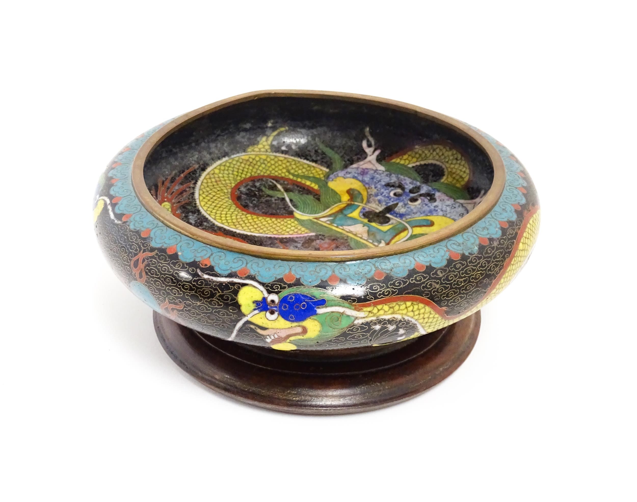 A Chinese cloisonne dish the black ground with dragon and flaming pearl decoration. Character - Image 4 of 11