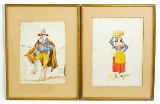 Italian School, Watercolours, A pair of portraits comprising a man wearing a traditional hat resting