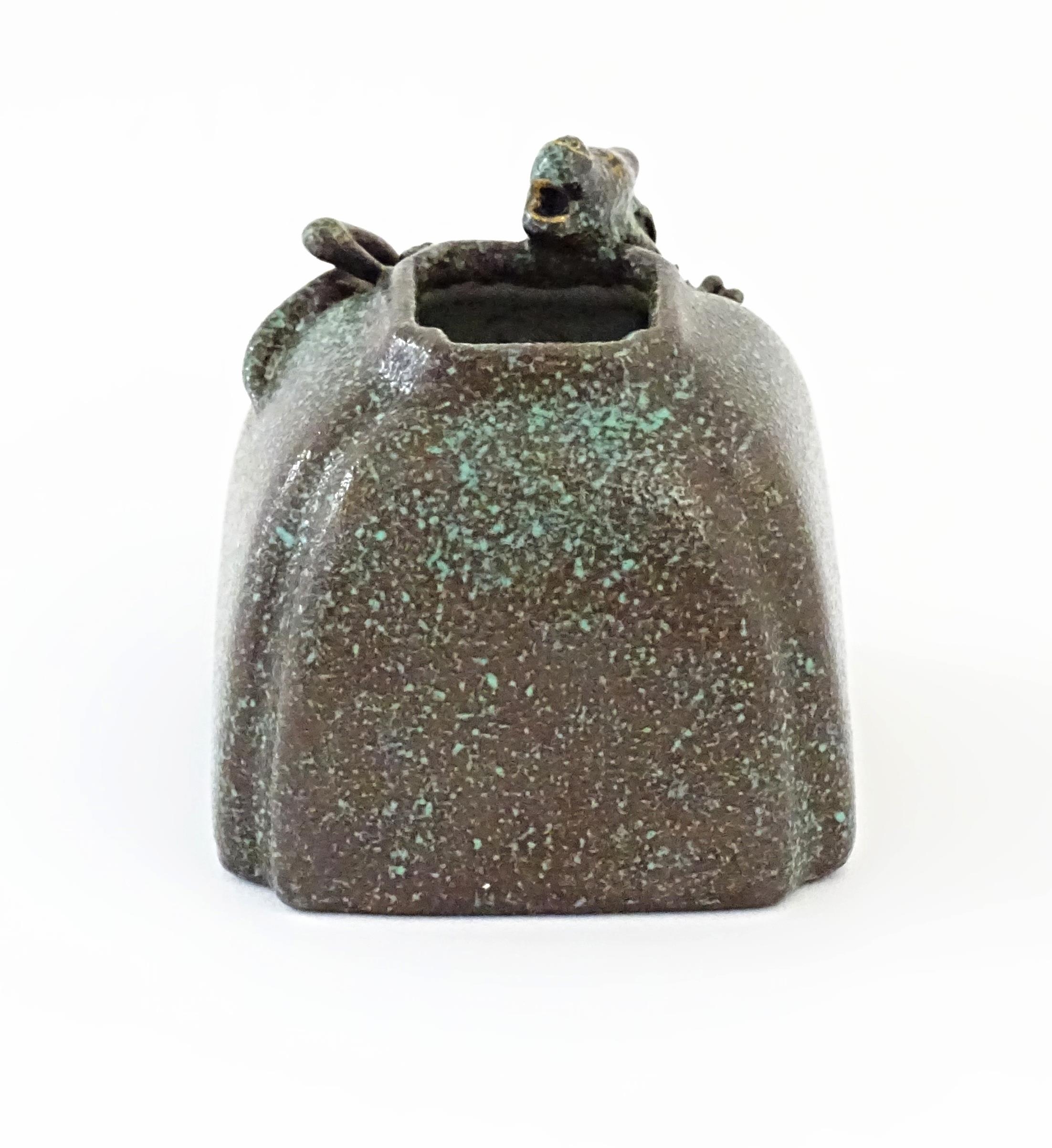 A small Chinese brush washer pot with mottled green glaze and relief dragon decoration. Character - Image 6 of 9