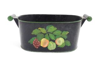 A Victorian toleware planter with twin handles and hand painted fruit and vine decoration. Approx.