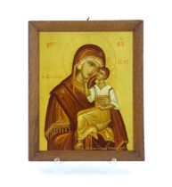 A 20thC oil on panel icon depicting Madonna and Child, the Virgin Mary with Jesus Christ. Approx.