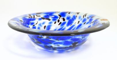 An art glass centre piece bowl with blue and clear detail. Approx 11 1/4" diameter Please Note -