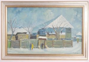 Tibor Tolnay, Hungarian School, Oil on canvas, The village of Farkaslaka, Romania in snow with