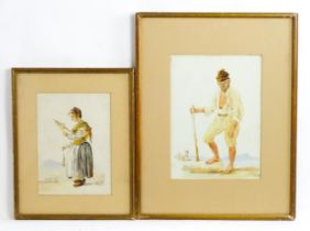 Italian School, Watercolours, Two portraits comprising a fisherman hiking, and a woman with thread