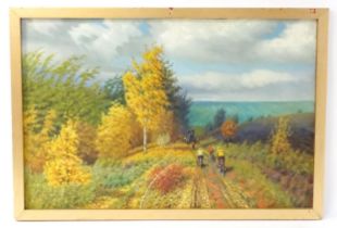 20th century, USSR / Russian School, Oil on canvas, An autumn landscape with cyclists. Approx. 38