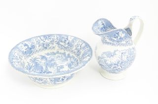 A Victorian blue and white bowl and ewer decorated in the pattern Napoleon. Bowl approx. 4 1/2" high