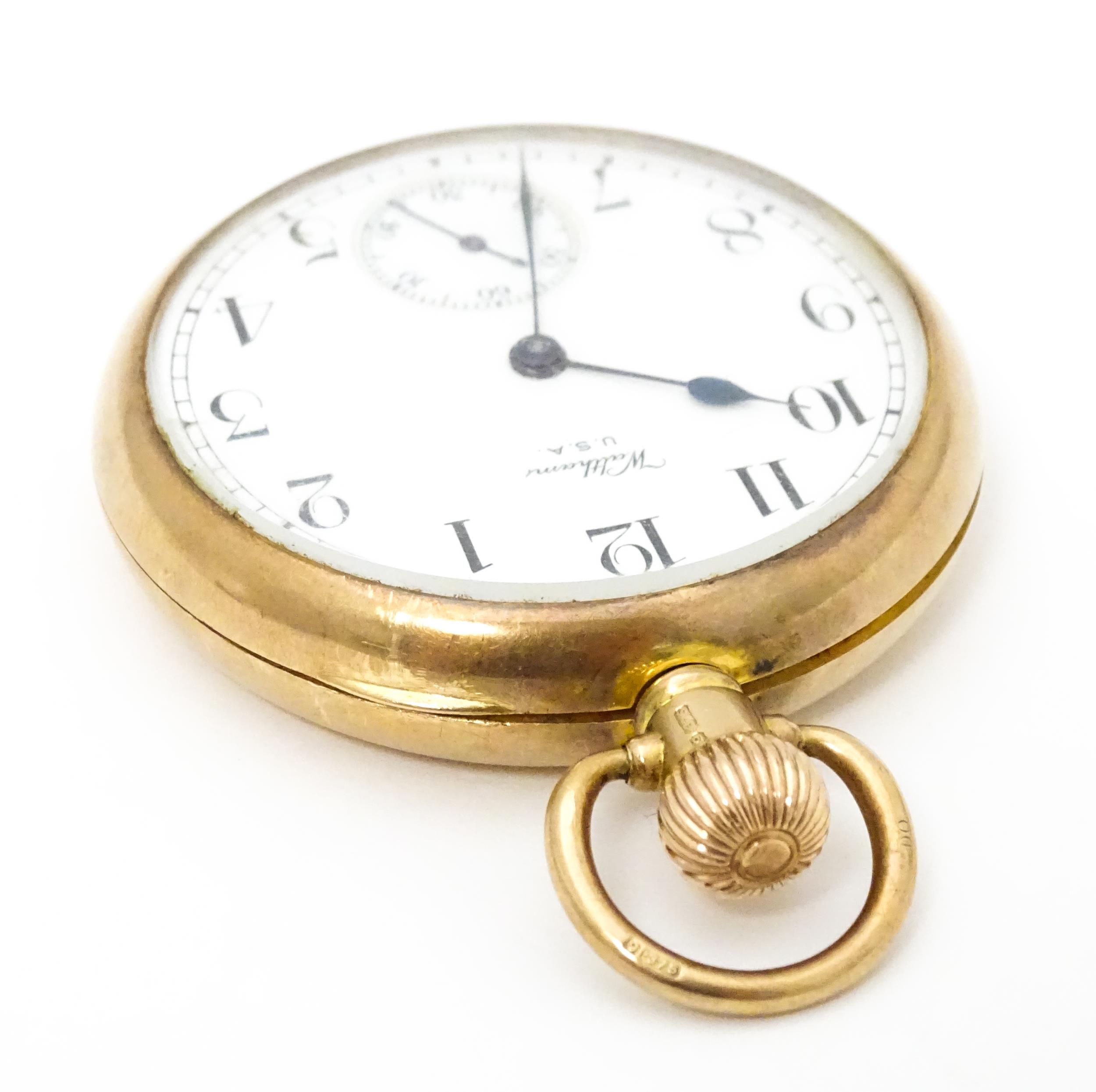 A Waltham USA 9ct gold cased open face pocket watch, the white enamel dial with Arabic numerals - Image 3 of 8