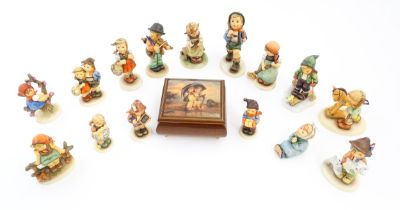 A quantity of Hummel / Goebel figures to include Apple Tree Girl, no. 141, One Plus One no. 129,