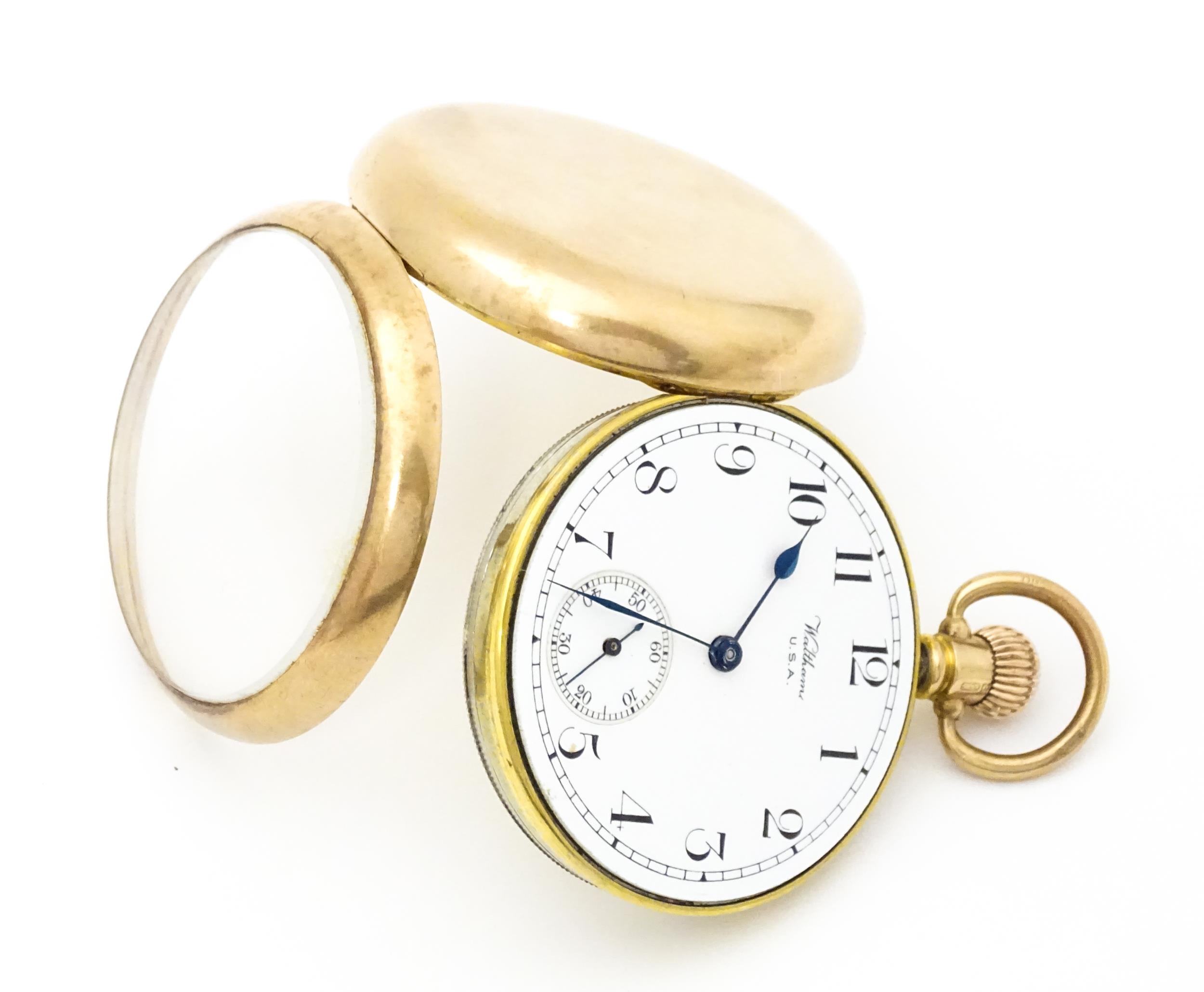 A Waltham USA 9ct gold cased open face pocket watch, the white enamel dial with Arabic numerals - Image 4 of 8