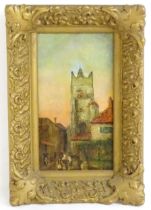 19th century, French School, Oil on canvas, A street scene with church tower and figures, possibly