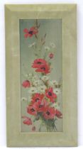 Early 20th century, Oil on board, A study of poppies and wild flowers. Approx. 23 3/4" x 8 3/4"