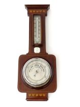 An Edwardian mahogany cased barometer decorated with boxwood linear and heart inlay and silver