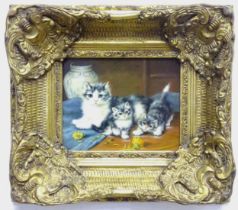 A 20thC oil on board depicting a cat and kittens with a flower and vase. Frame approx. 15 3/4" x