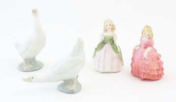 Two Royal Doulton model of girls comprising Rose HN1362 and Penny HN2338, and two Nao geese.