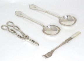 Silver plated wares comprising a pair of silver plate trefid spoons marked Finnigans, a pickle