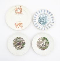 Four assorted Victorian transfer printed plates to include Zebra Hunt, Buffalo Hunt, Band of Hope