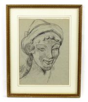 20th century, Pencil on card, A study of a female head. Approx. 11" x 8" Please Note - we do not