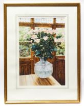 Kim Norris, 20th century, Watercolour, Roses in a glass vase. Signed lower right. Approx. 21 1/4"