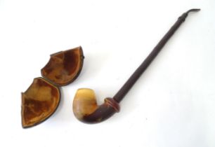 A large 19thC Gesteckpfeife Tyrolean / Cavalier smoking pipe, with meerschaum bowl, hazel shank