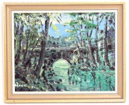 Brian Rice, 20th century, Oil on board, A stone arch bridge over a wooded river. Signed and dated (