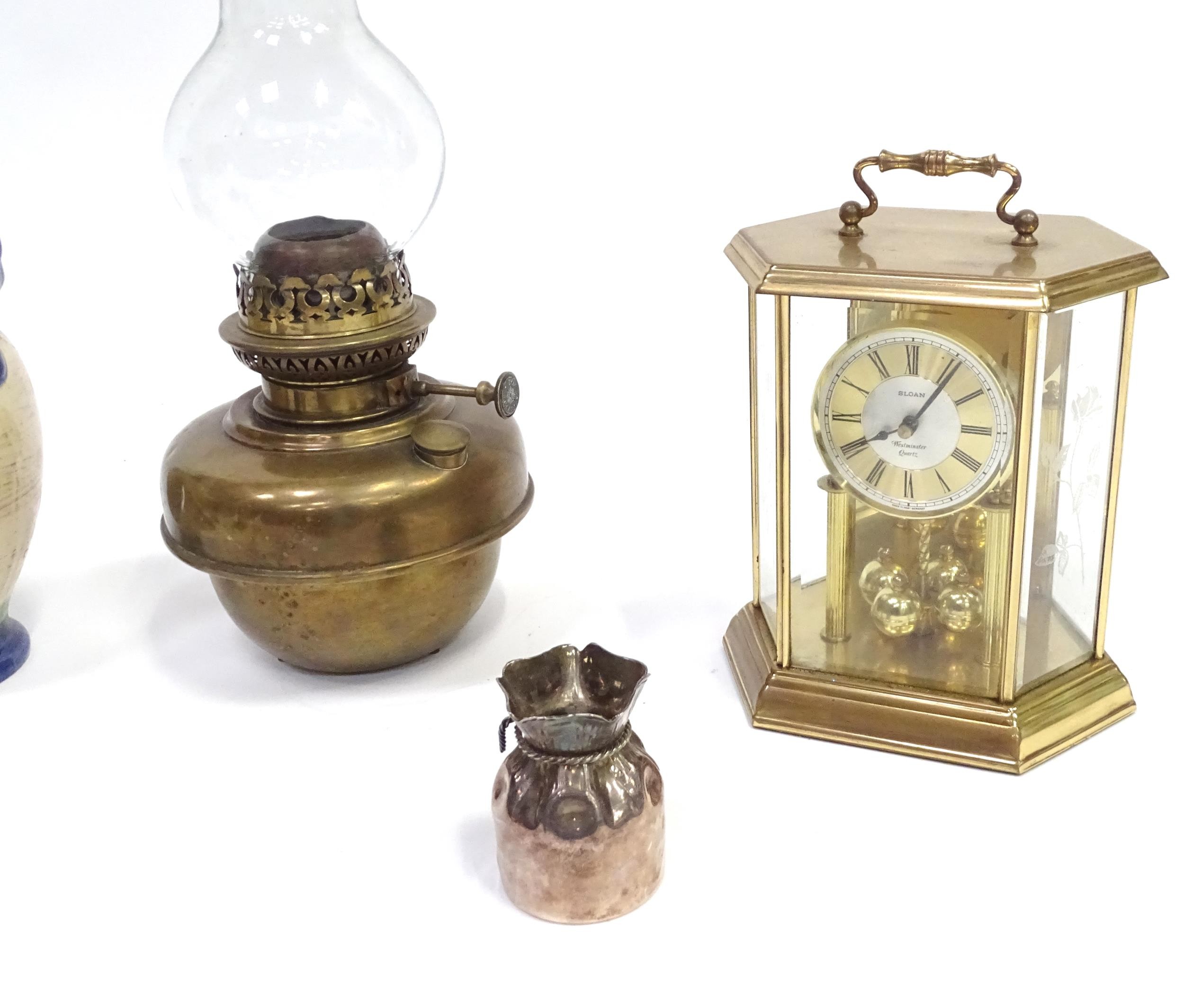A quantity of assorted items to include clock, oil lamp sections, torch, pot and cover, - Image 4 of 8